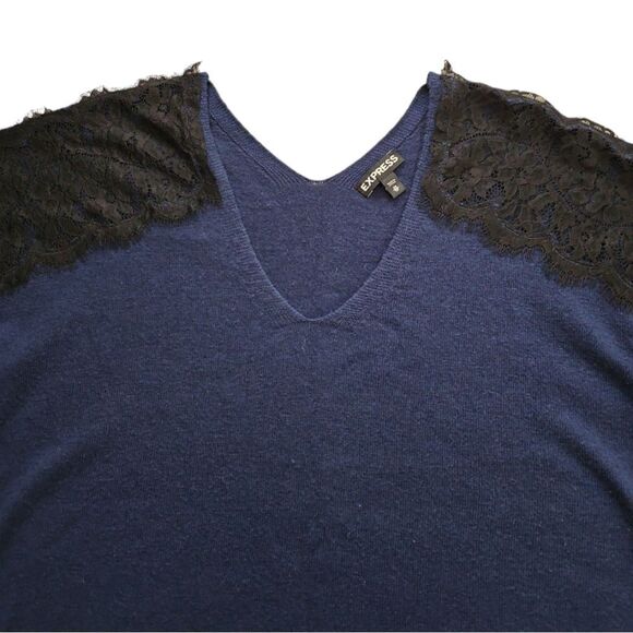 Express Women Pullover V Neck Lace Inset Wool Blend Sweater Navy Blue Size XS - Picture 8 of 11